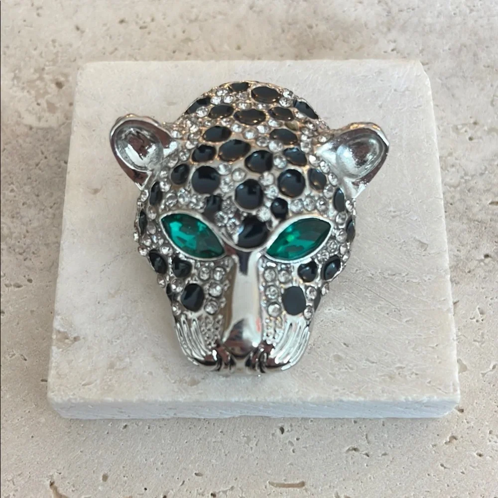 Saks Fifth Avenue Silver and Black Panther Brooch with Gemstone Eyes